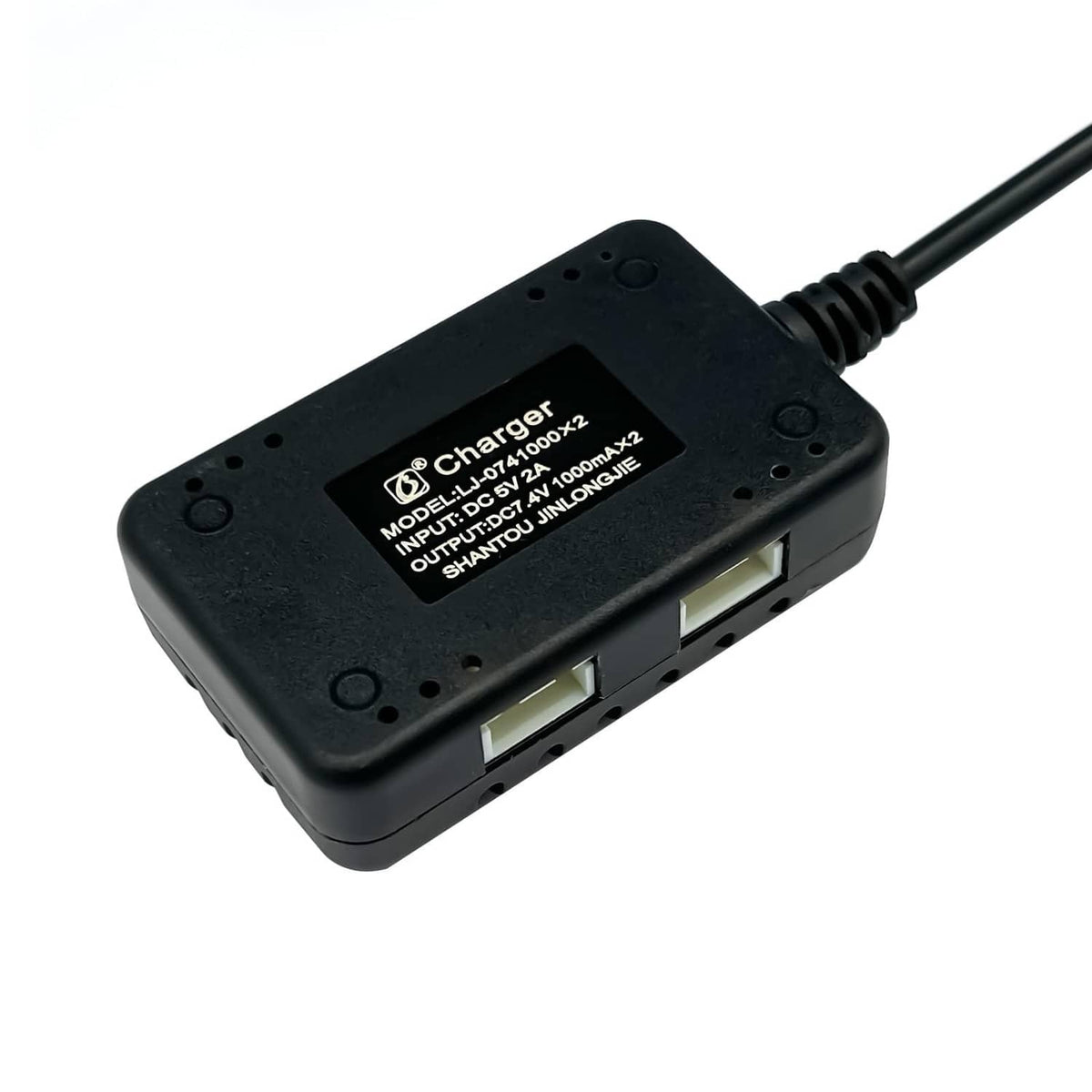 Black charger housing with model label and two charging ports on side