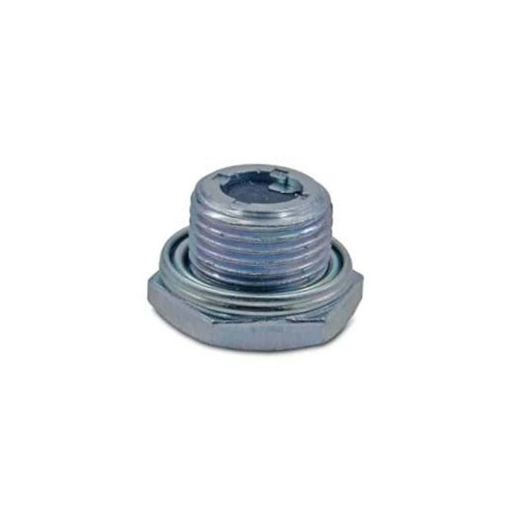 Metal rear differential drain plug with hex head, blue-gray zinc finish