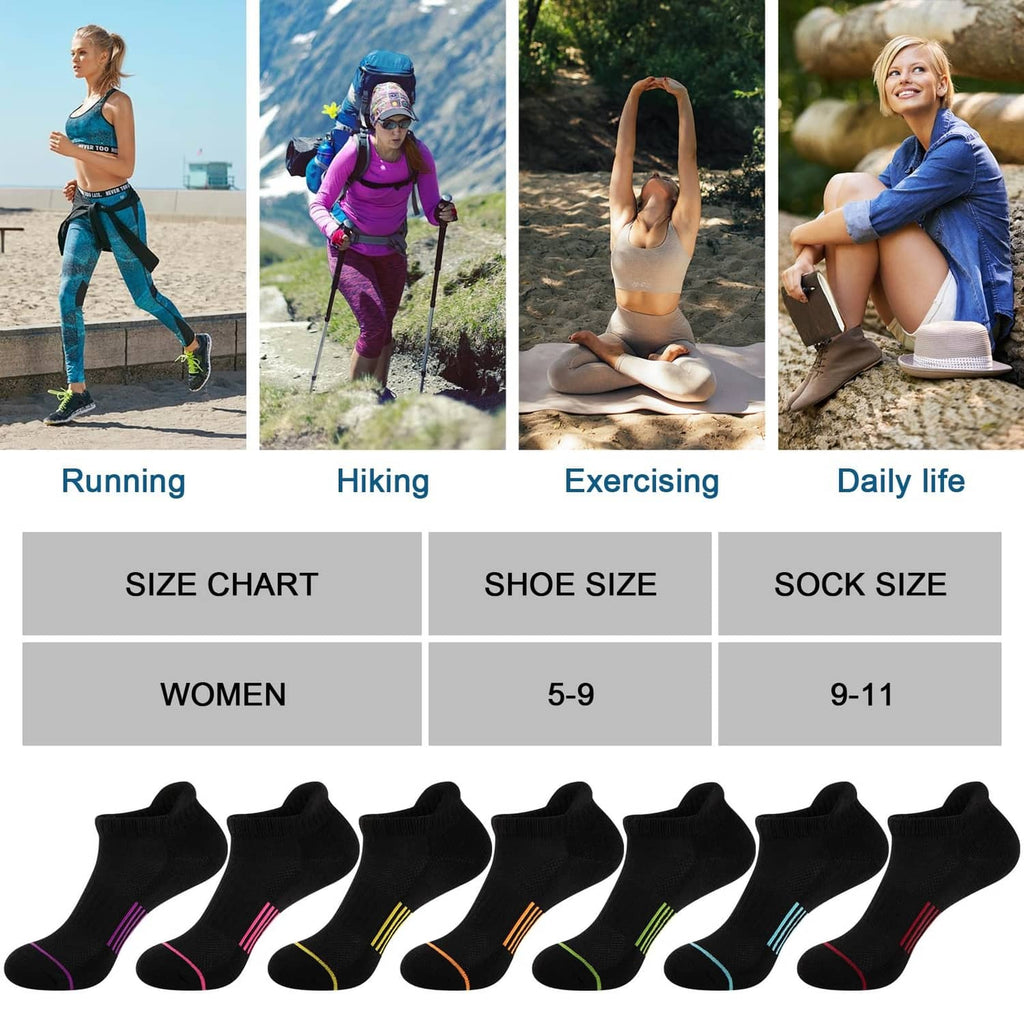Seven pairs of black ankle socks with colorful toe and sole stripe accents