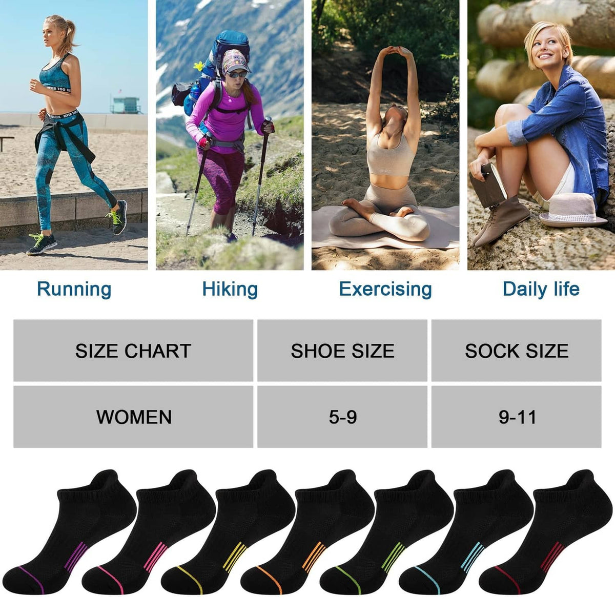 Seven pairs of black ankle socks with colorful toe and sole stripe accents
