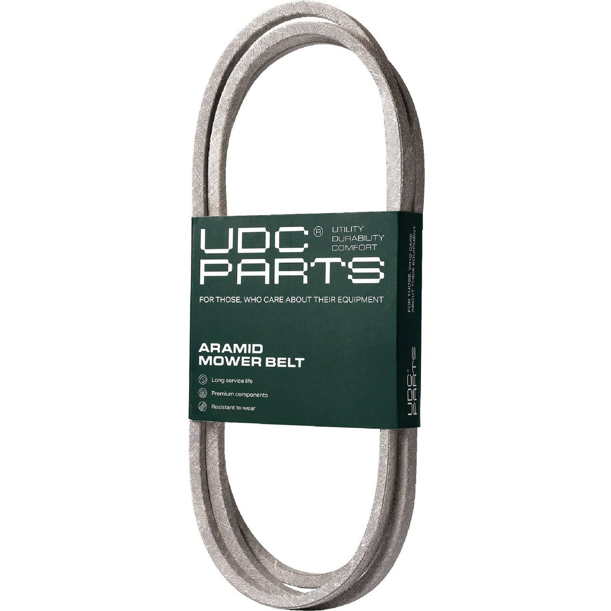 Gray mower deck belt (aramid) shown in a looped ring shape