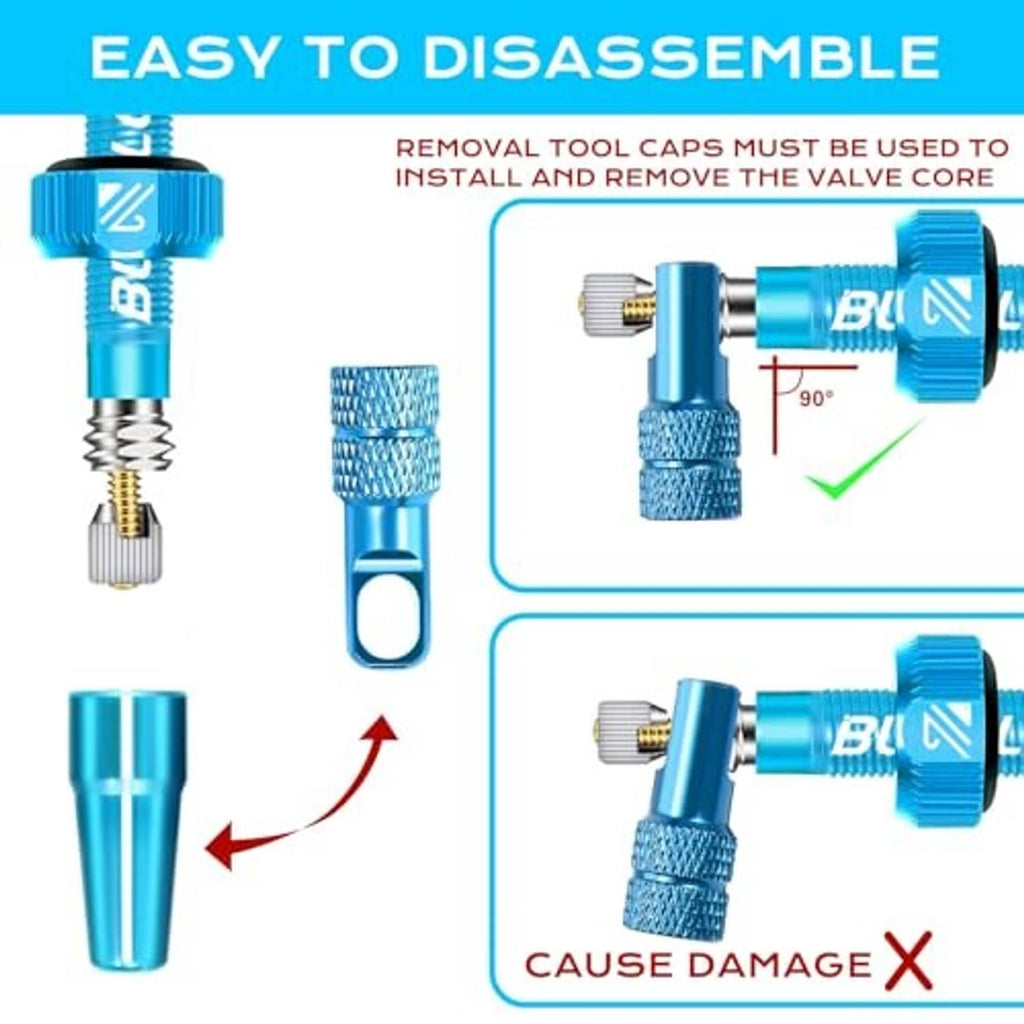 Blue Presta valve stem with removable core and cap pieces for servicing