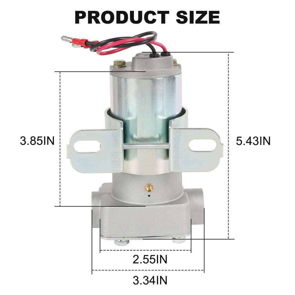 Electric fuel pump with product-size diagram, silver and light blue body