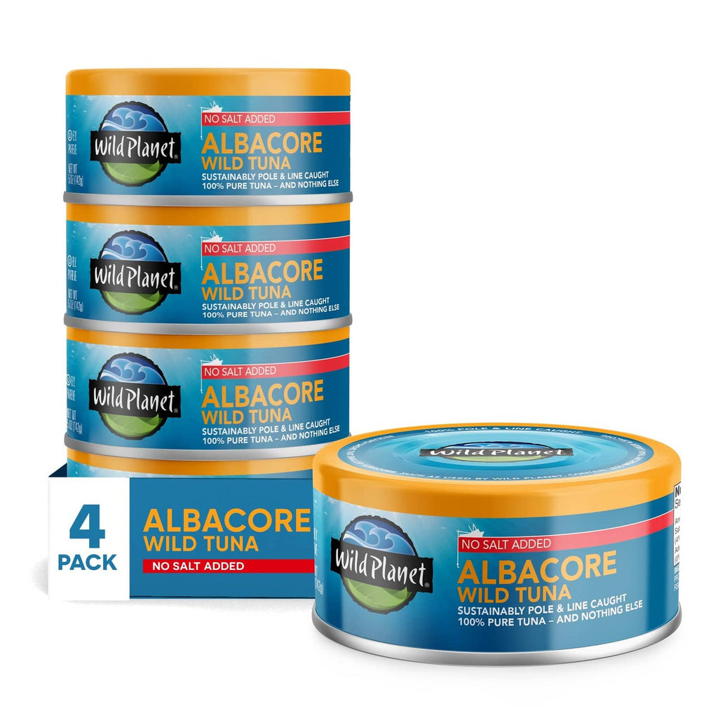 Albacore wild tuna no salt added, 4-pack canned tuna with stacked cans and label