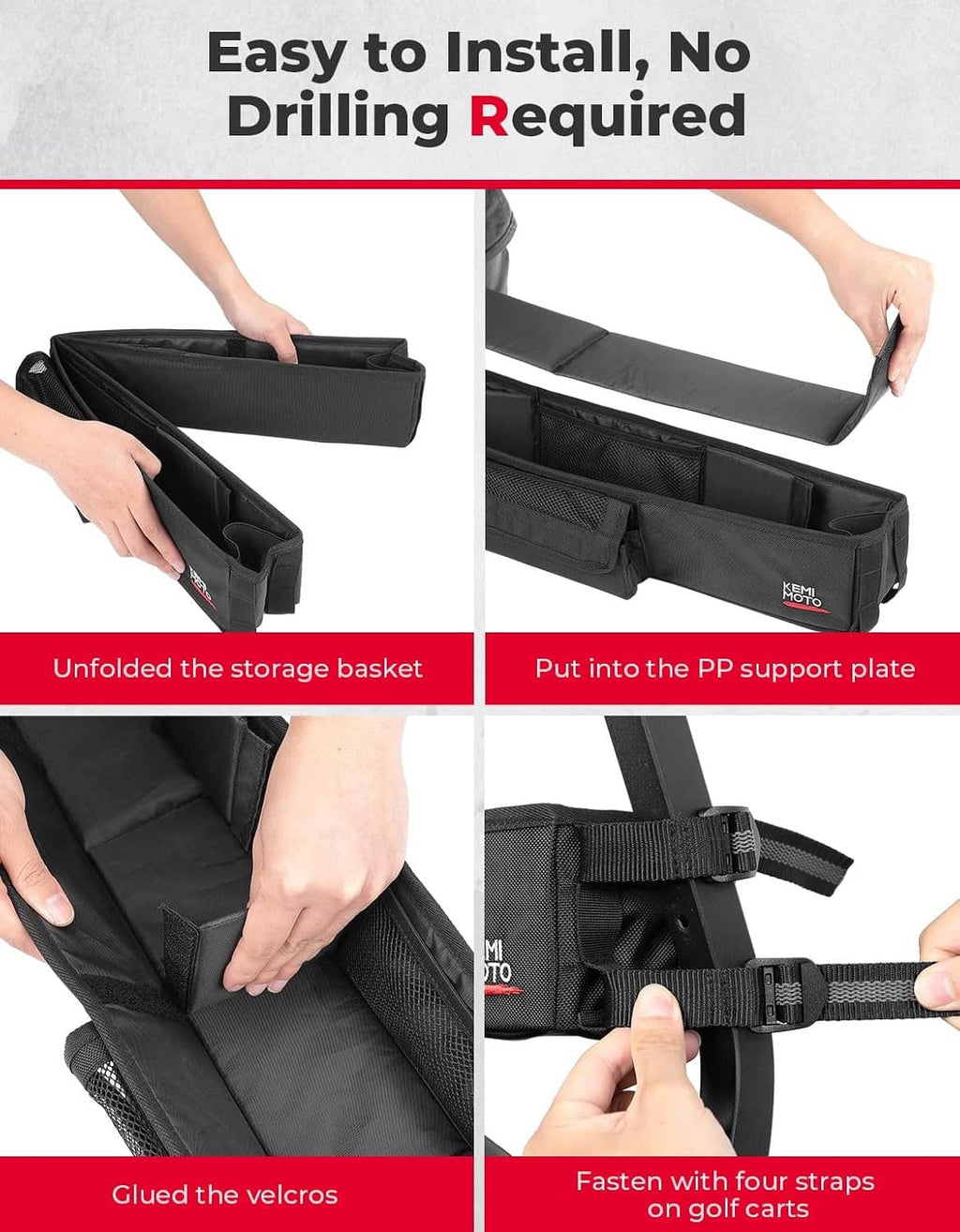 Foldable golf cart front storage basket with straps and support plate for easy no-drill setup