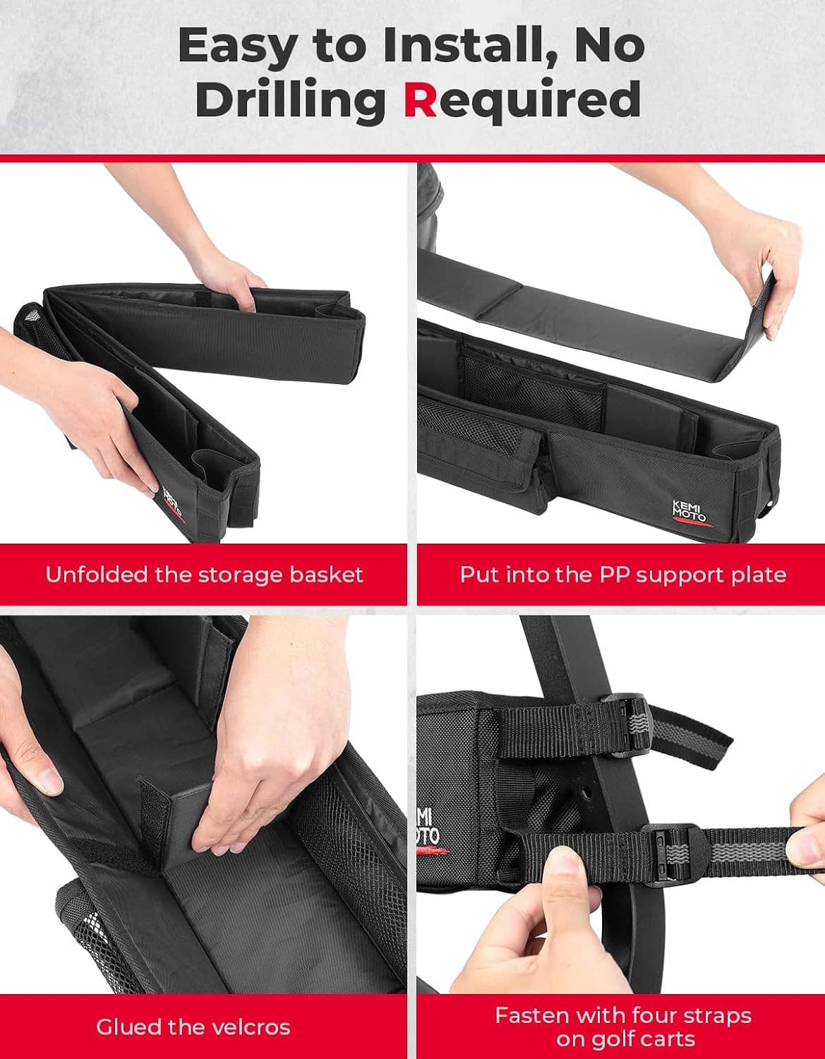 Foldable golf cart front storage basket with straps and support plate for easy no-drill setup