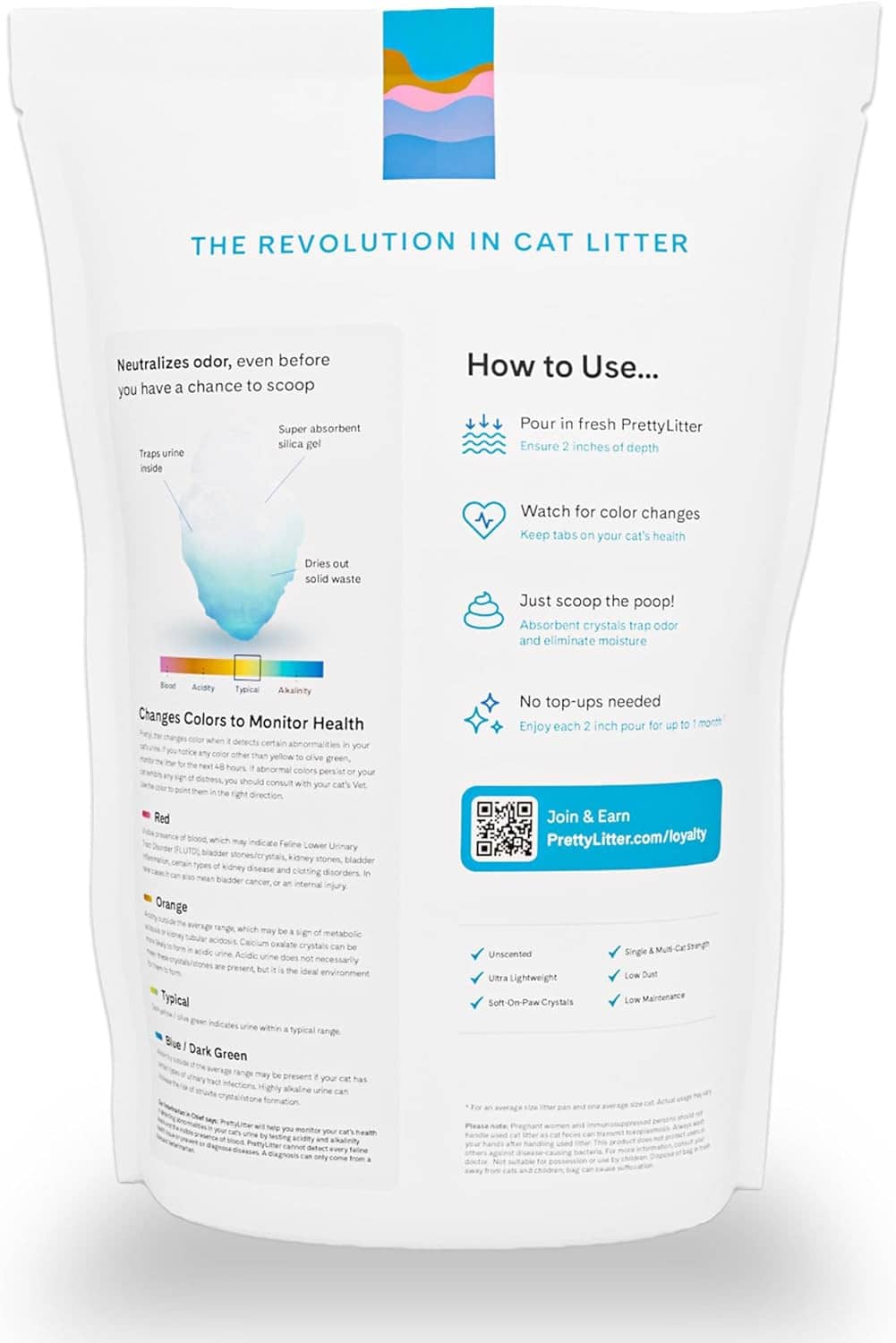 Prettylitter health monitoring cat litter bag back panel with how-to instructions