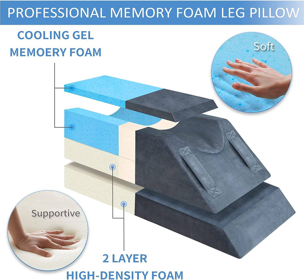 Adjustable leg elevation pillow, dark gray two-layer foam wedge with strap grips
