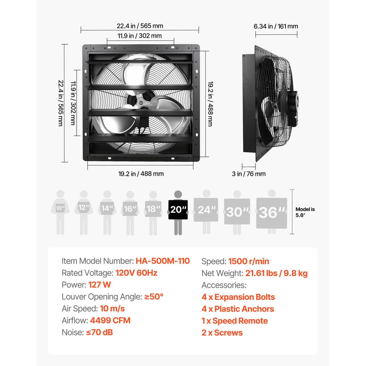 Wall-mount shutter exhaust fan size and specifications layout with fan front view