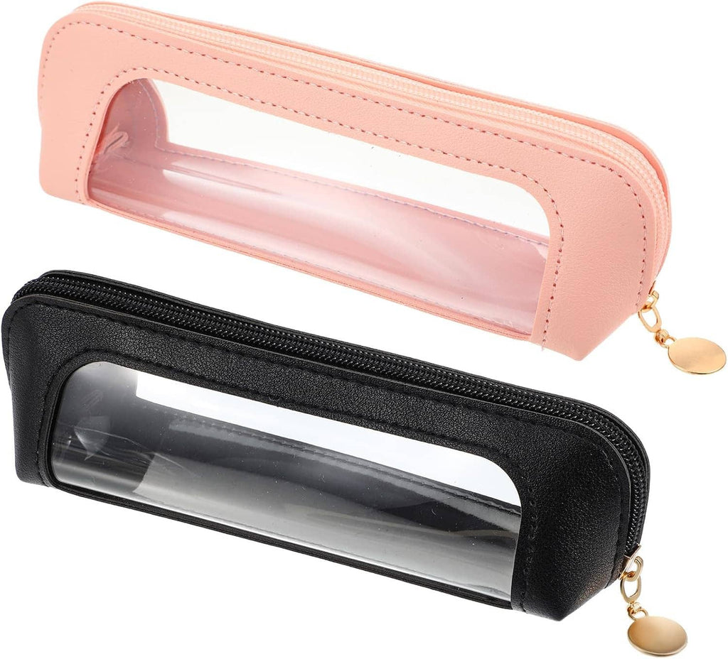 Pink and black clear makeup brush bags with transparent viewing windows and zipper closure