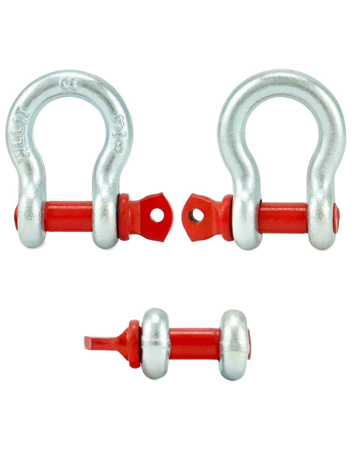 Galvanized D-ring screw pin shackle with red pin, side view and separate pin