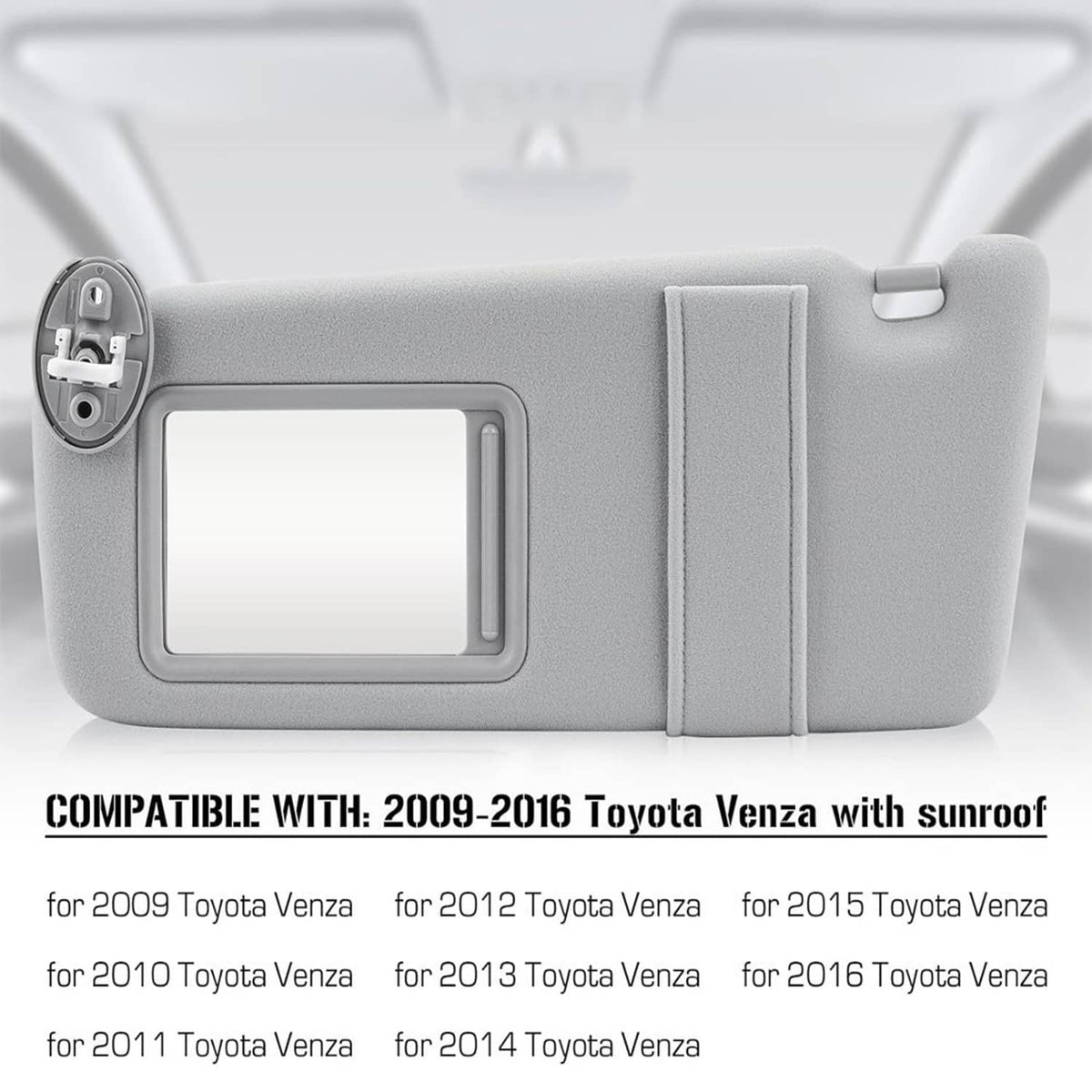 Gray car sun visor with vanity mirror window and pull tab