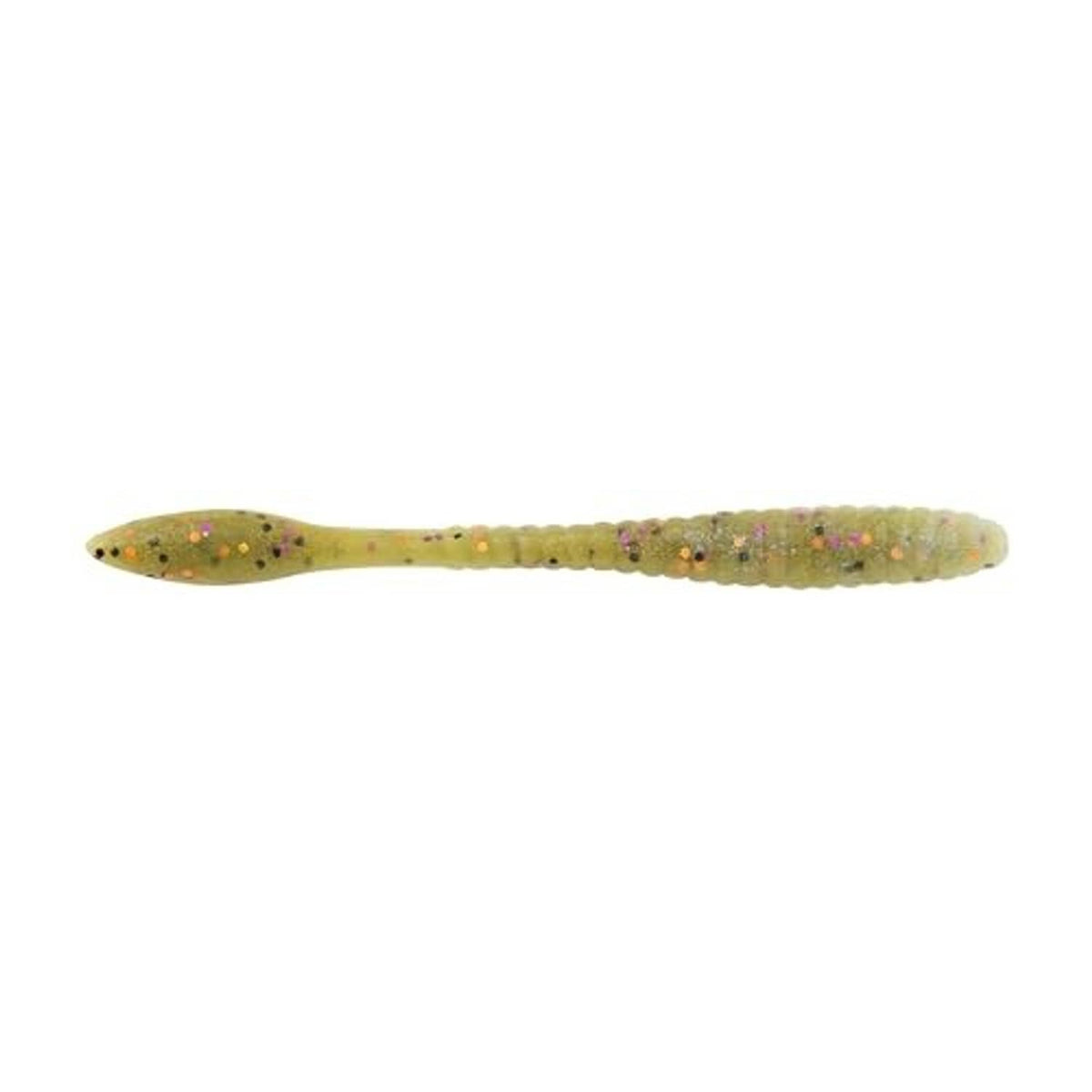 Olive green flat worm fishing bait, speckled back and rounded tail