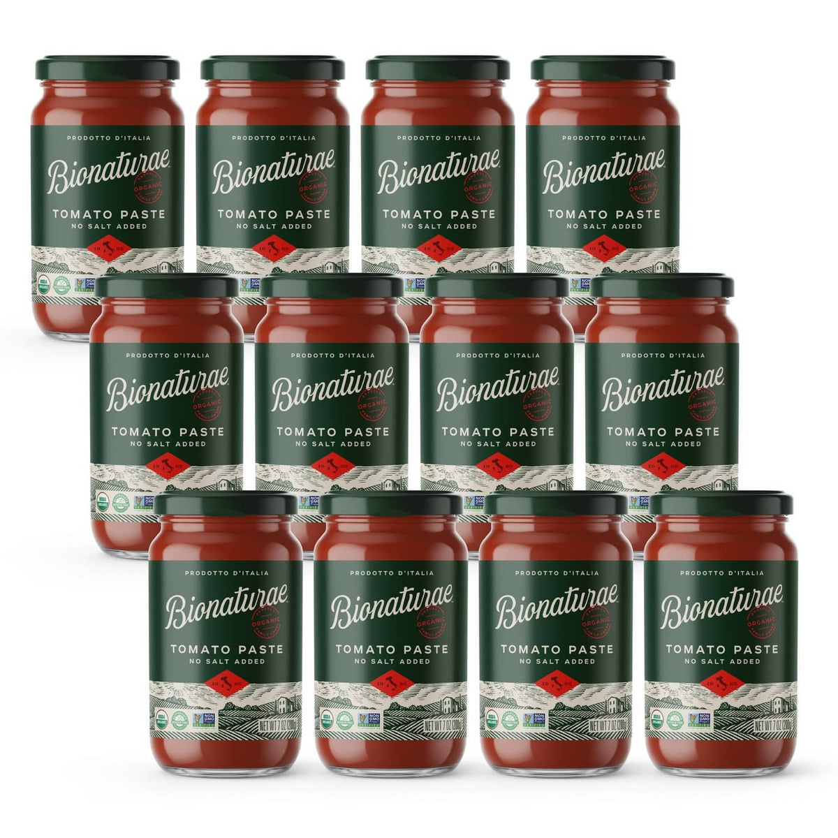 Pack of tomato paste jars with green caps, red labels, and stacked rows