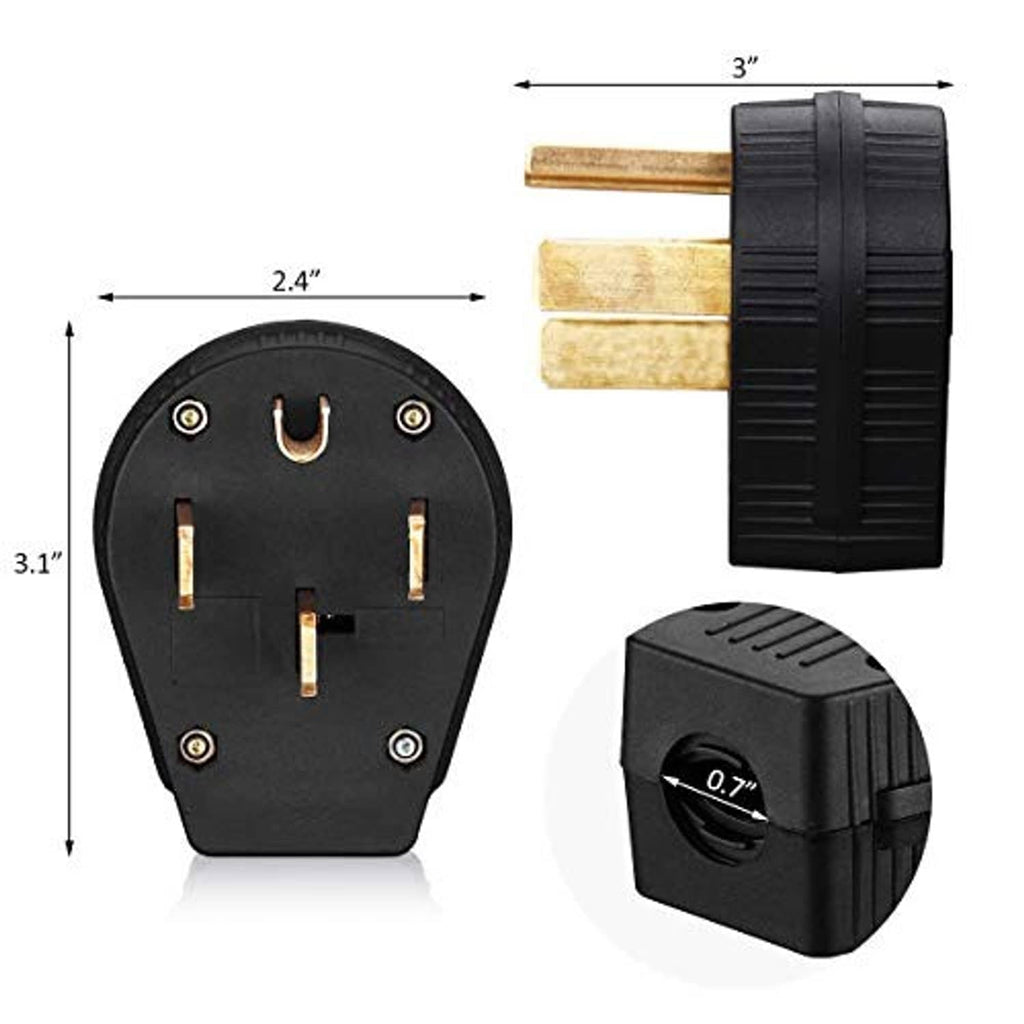 Electric dryer power plug with size measurements and four brass blade prongs