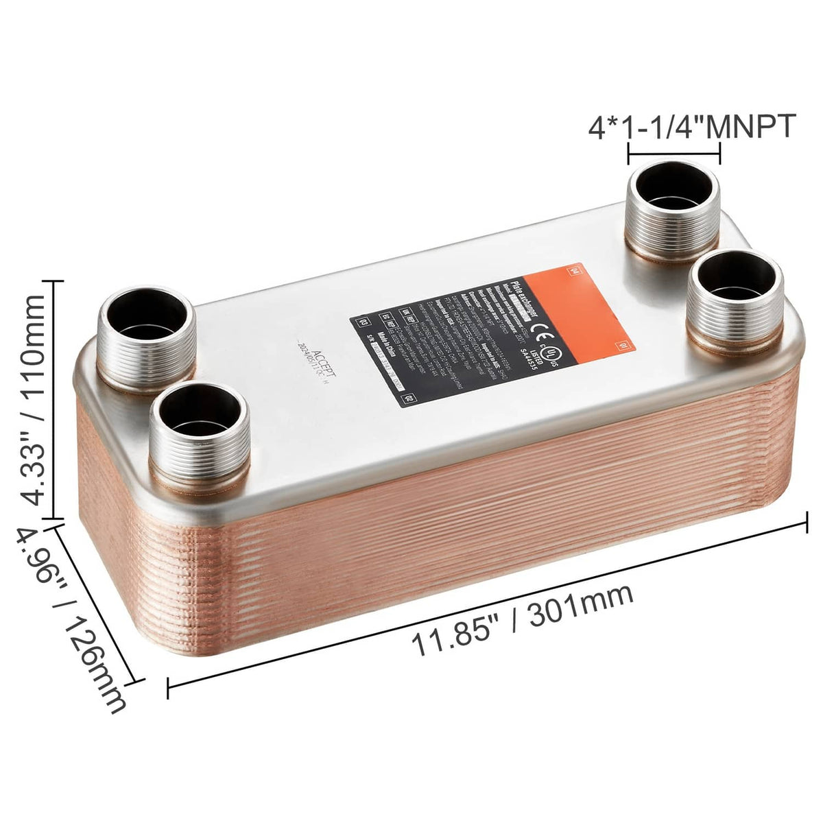 Copper plate heat exchanger with 4-1/1-4\" MNPT ports and overall dimensions shown.