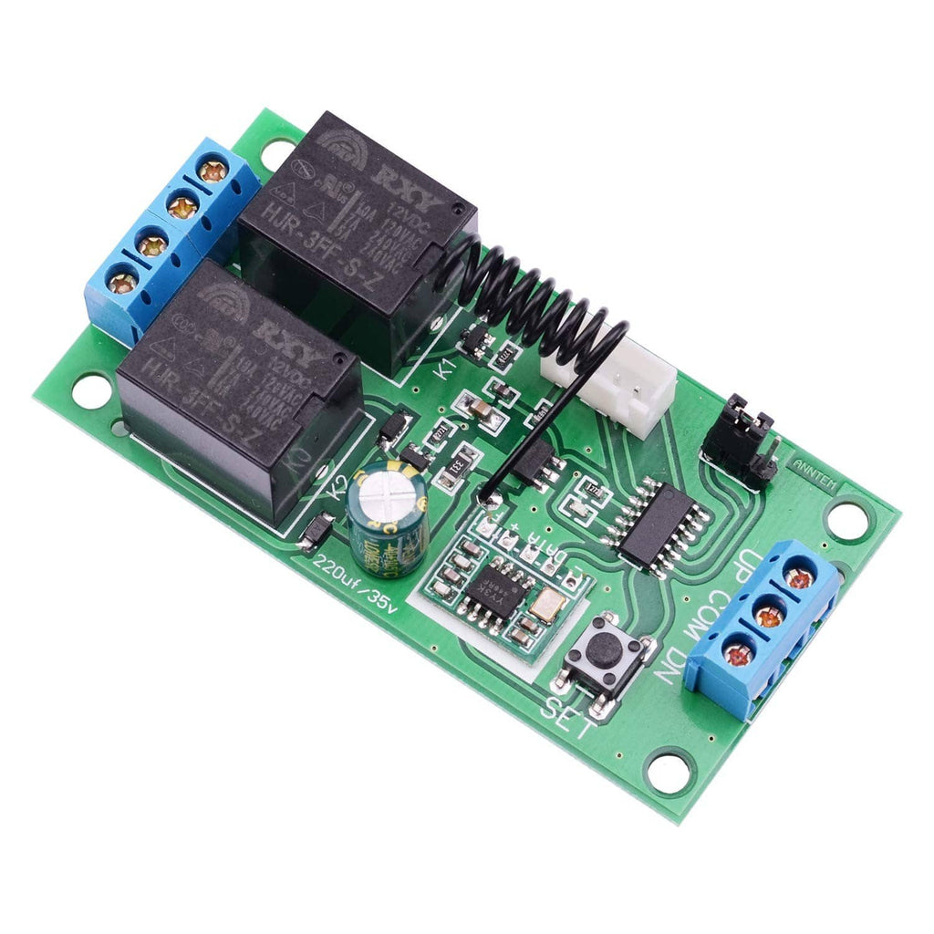 Green RF remote relay module PCB with blue screw terminals and black relay chips