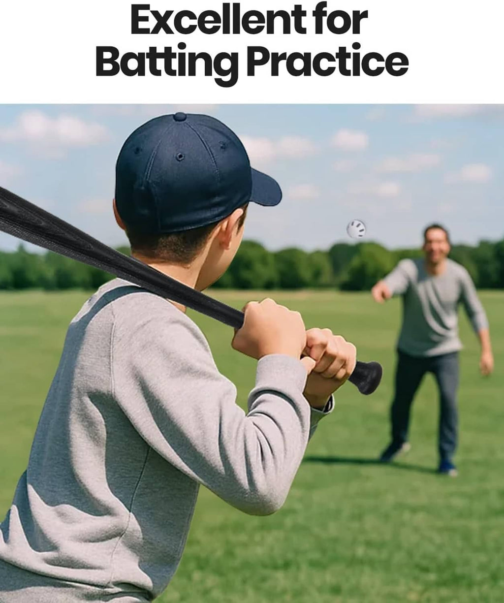 Child batting with a black plastic baseball bat in outdoor practice