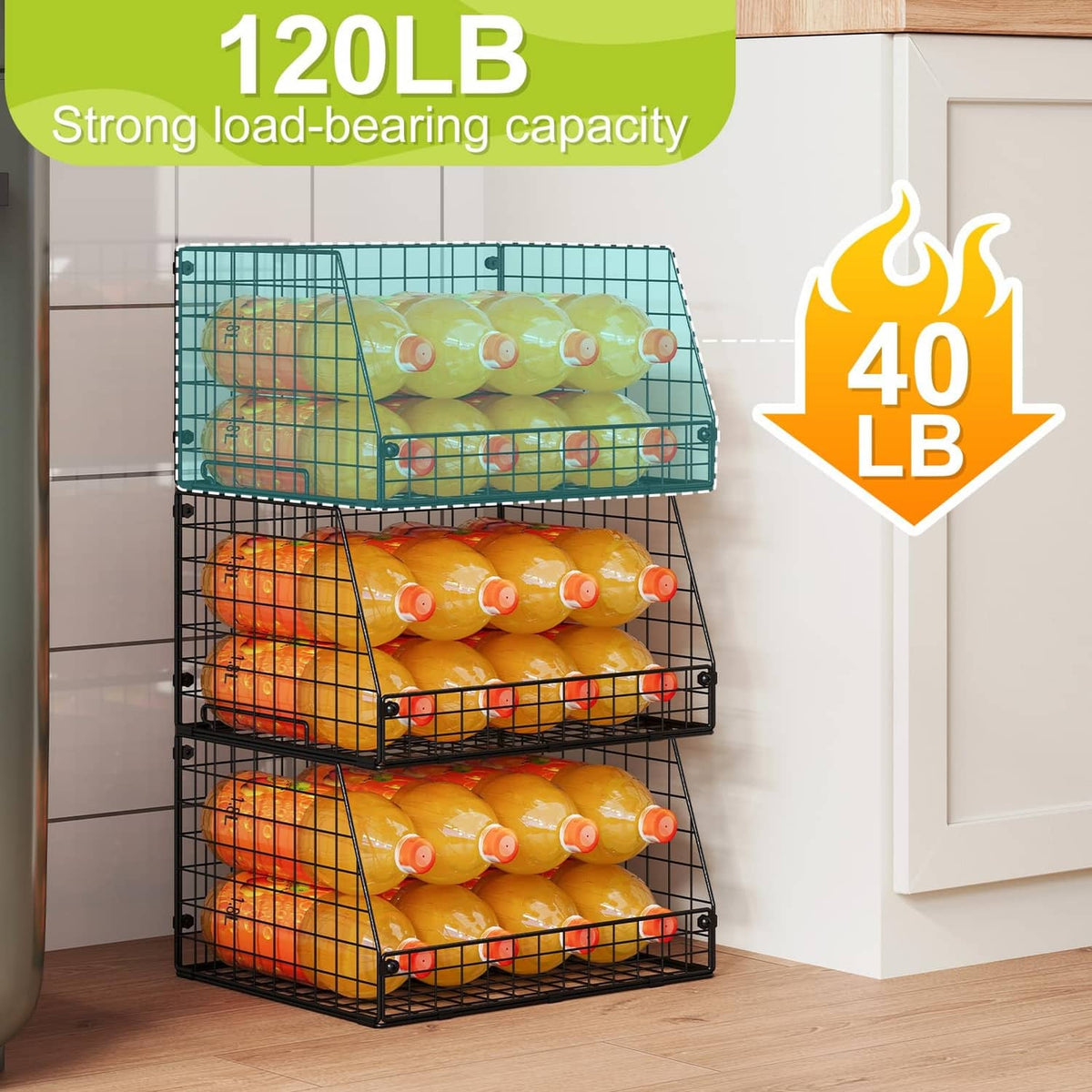 Black stackable wire storage baskets with two-tier shelving design