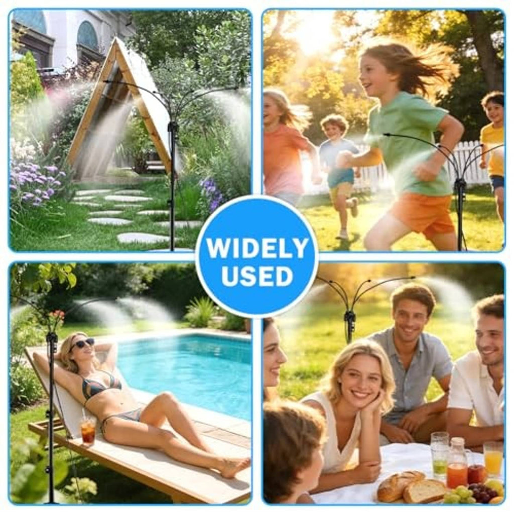 Multiple-use outdoor misting stand with tripod and adjustable mist sprayer pole