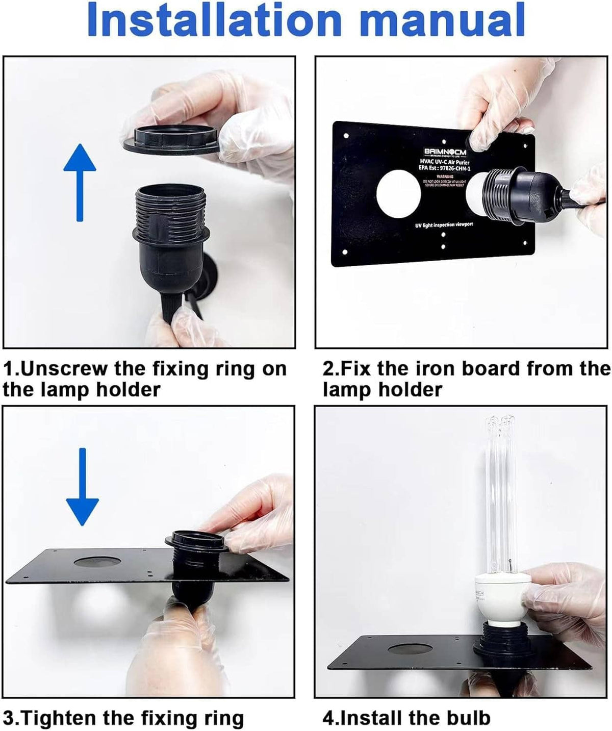 UV light installation guide showing fixing ring, mounting plate, and bulb mounting