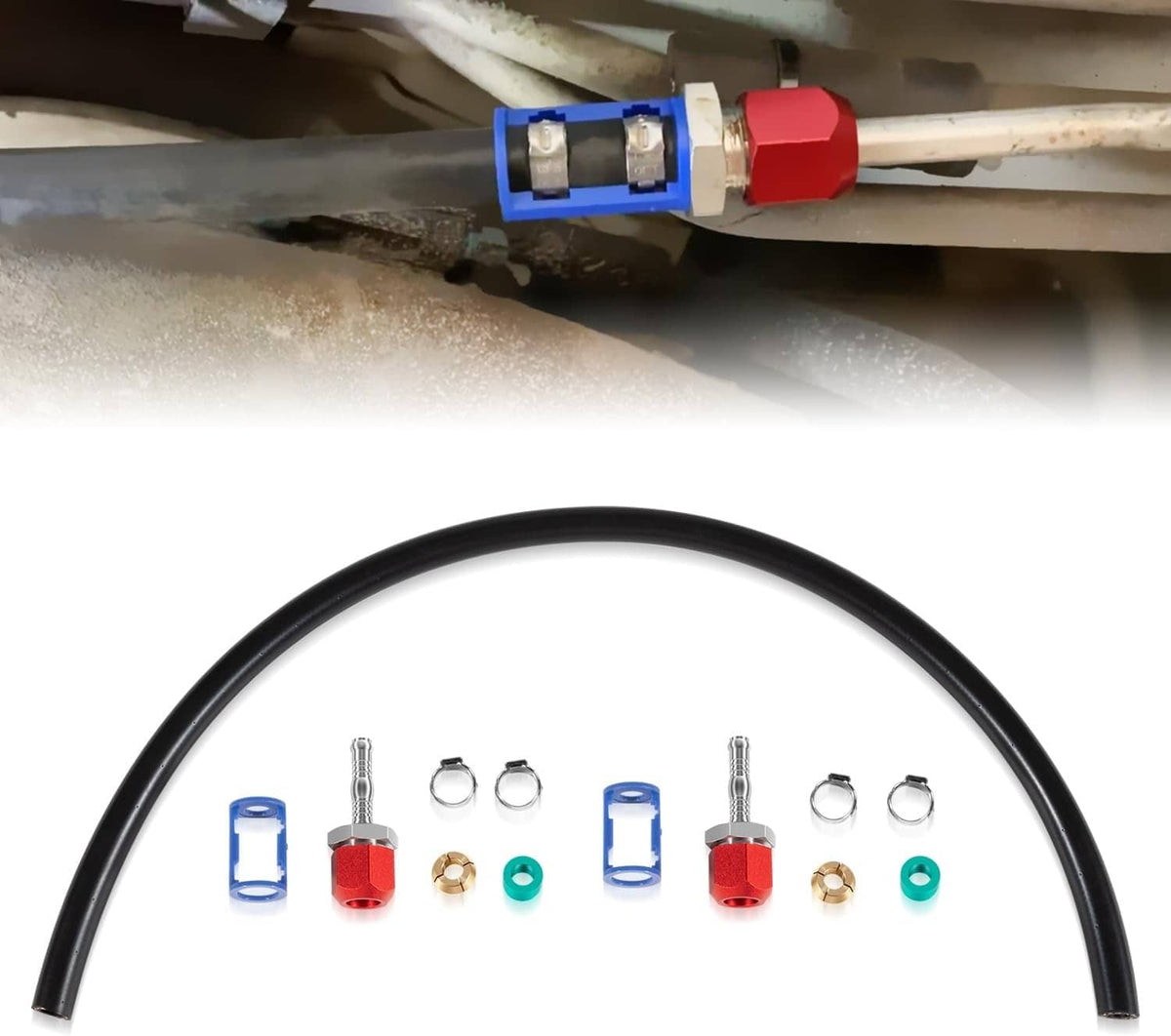 A/C line splice kit connected to tubing with blue coupler and red cap on hose line
