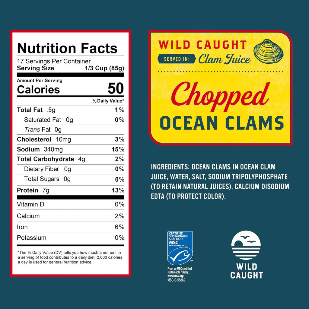 Chopped ocean clams can nutrition facts label with wild caught clams