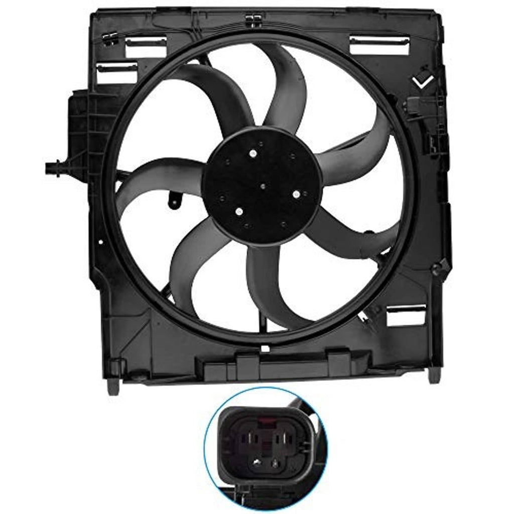 Radiator cooling fan assembly with black multi-blade fan and connector shown on inset