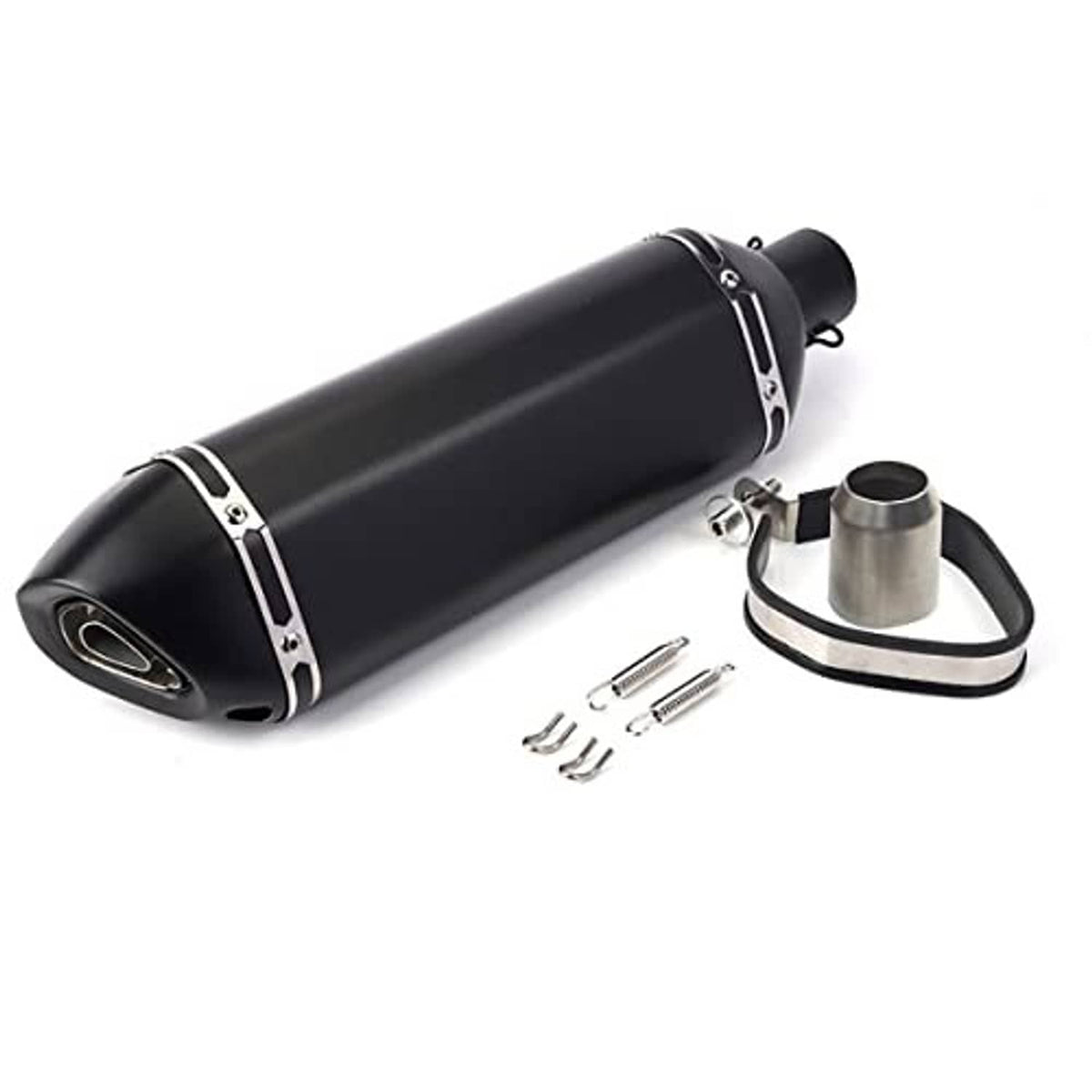Matte black universal exhaust muffler, silver clamp bands, plus DB killer and mount parts