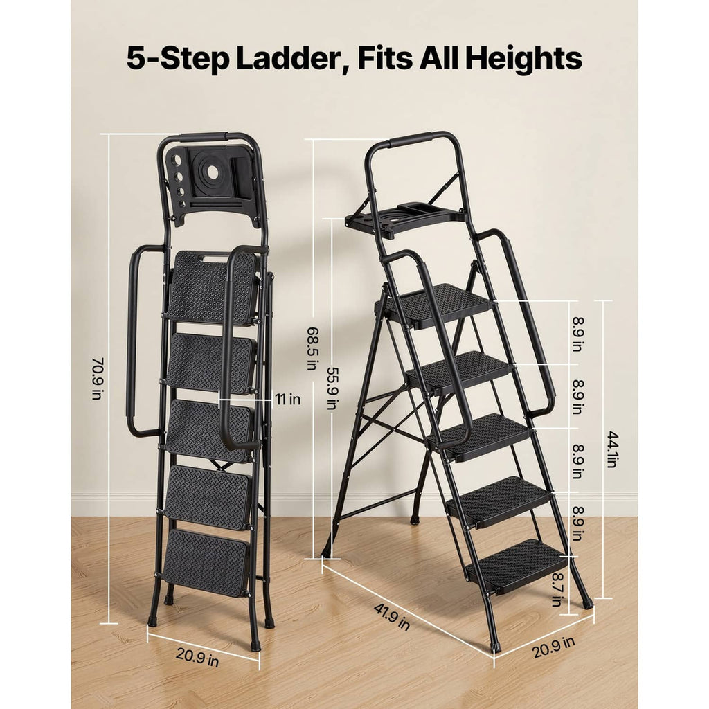 5-step steel folding ladder shown front and side view, dark anti-slip mesh steps