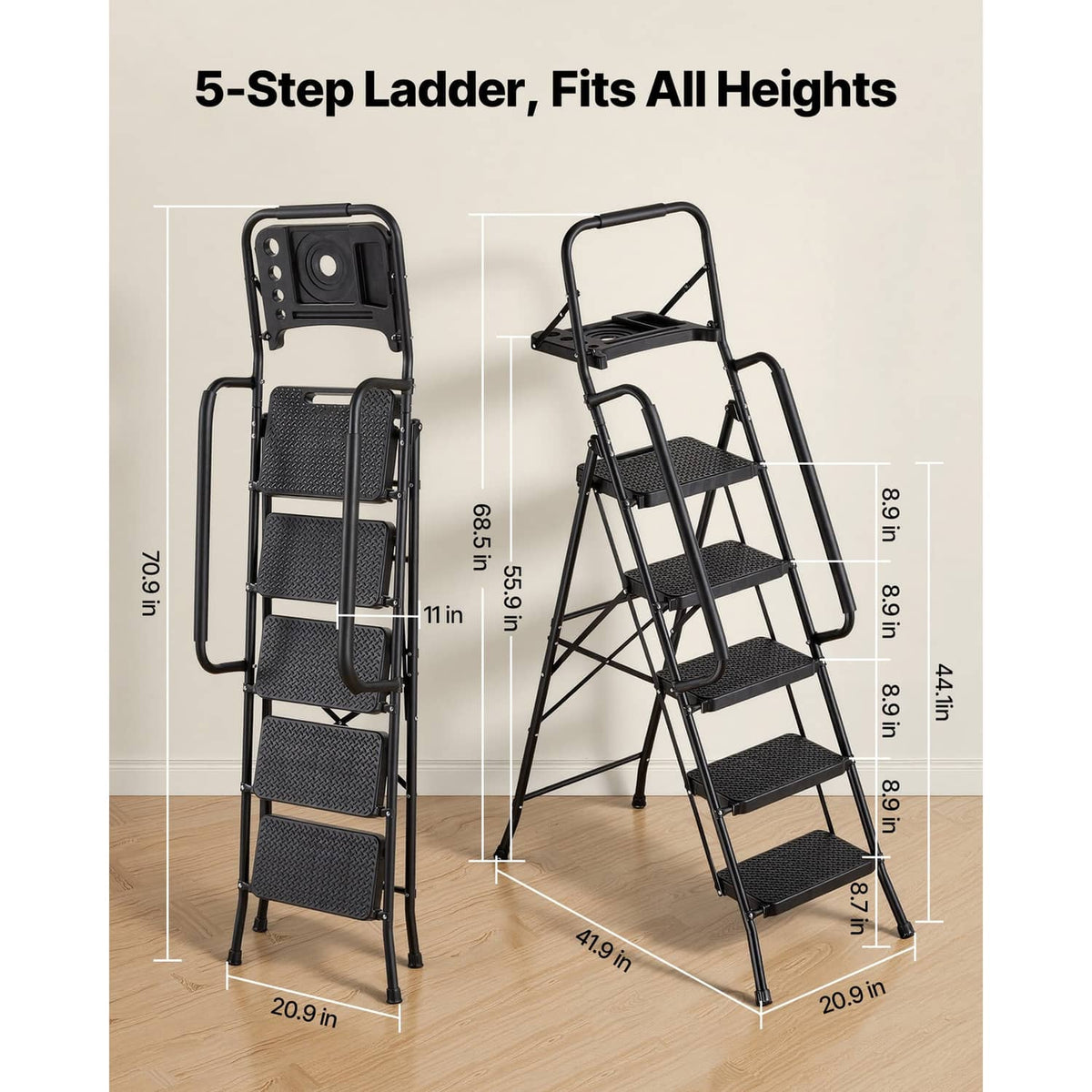 5-step steel folding ladder shown front and side view, dark anti-slip mesh steps
