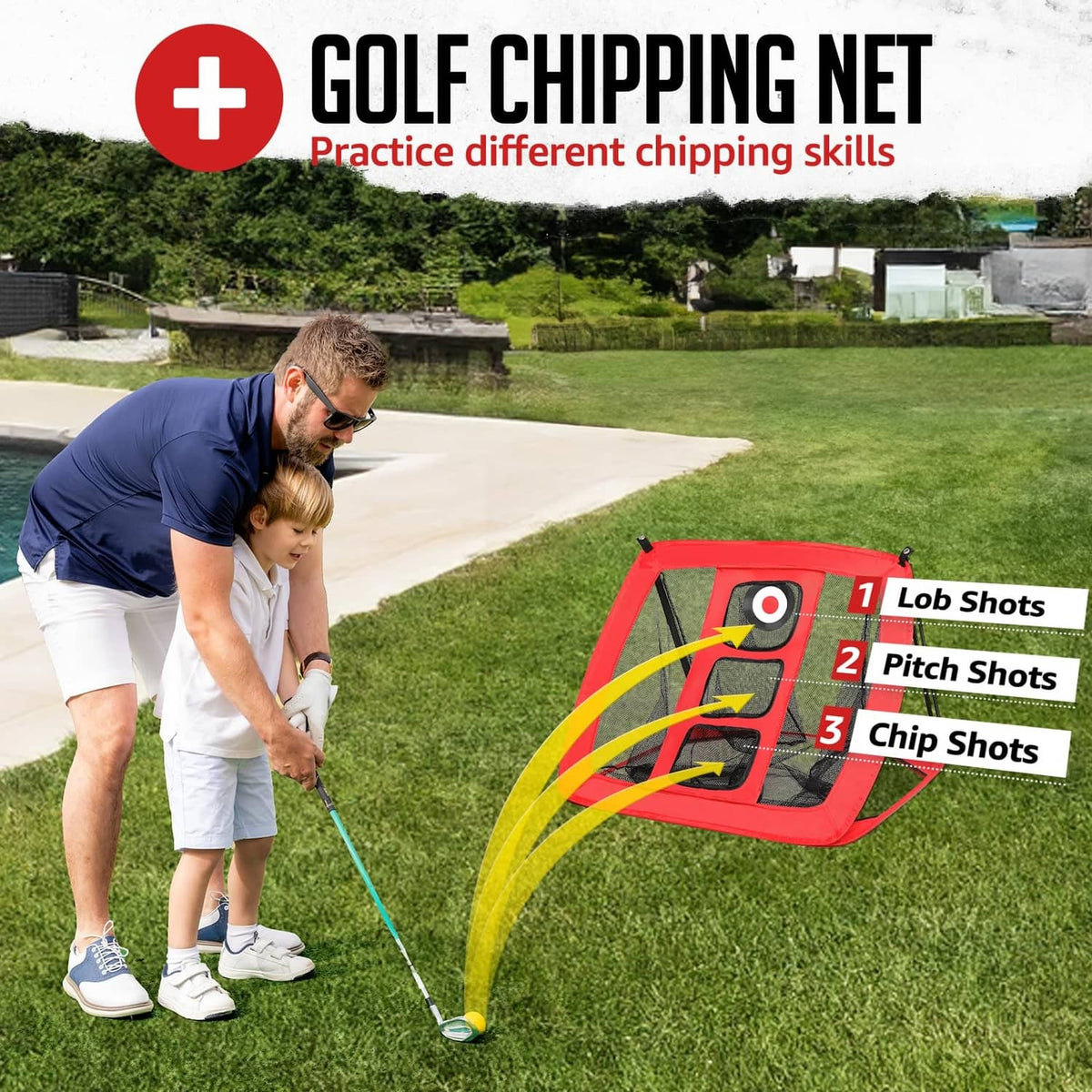 Golf chipping practice net with black target panel and red base frame
