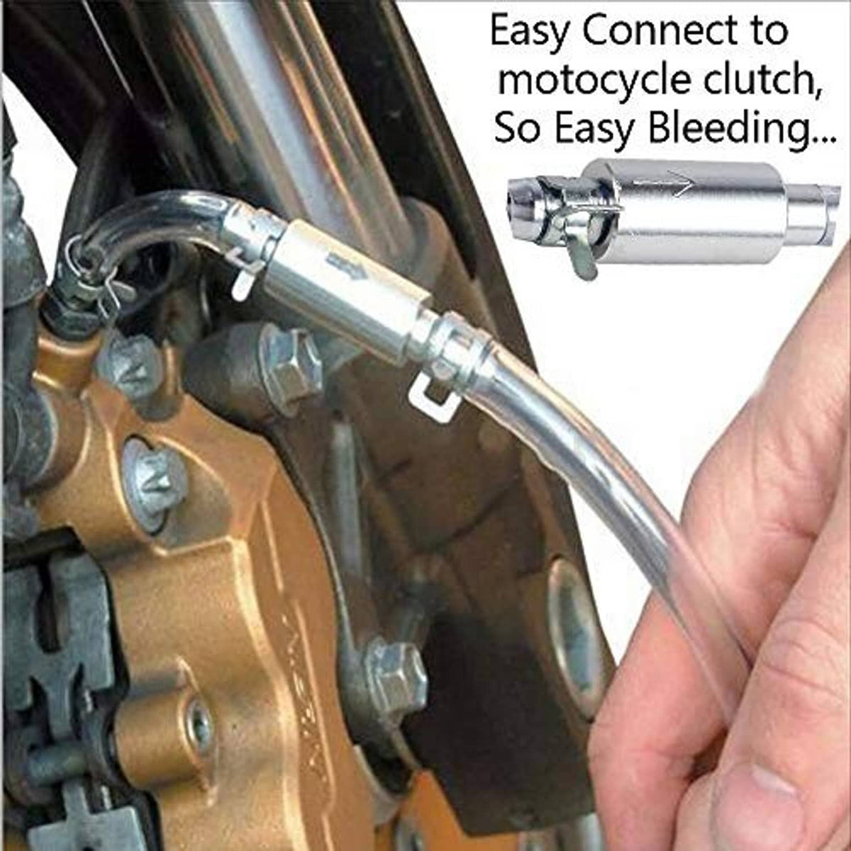 Brake bleeder hose connected to metal fitting, clear tube, held by hand