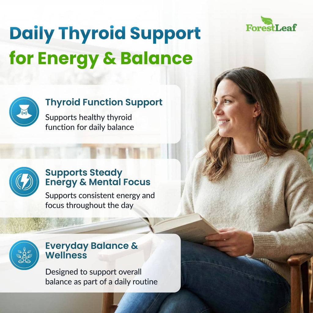 Thyroid support supplement bottle with daily balance label and smiling woman reading
