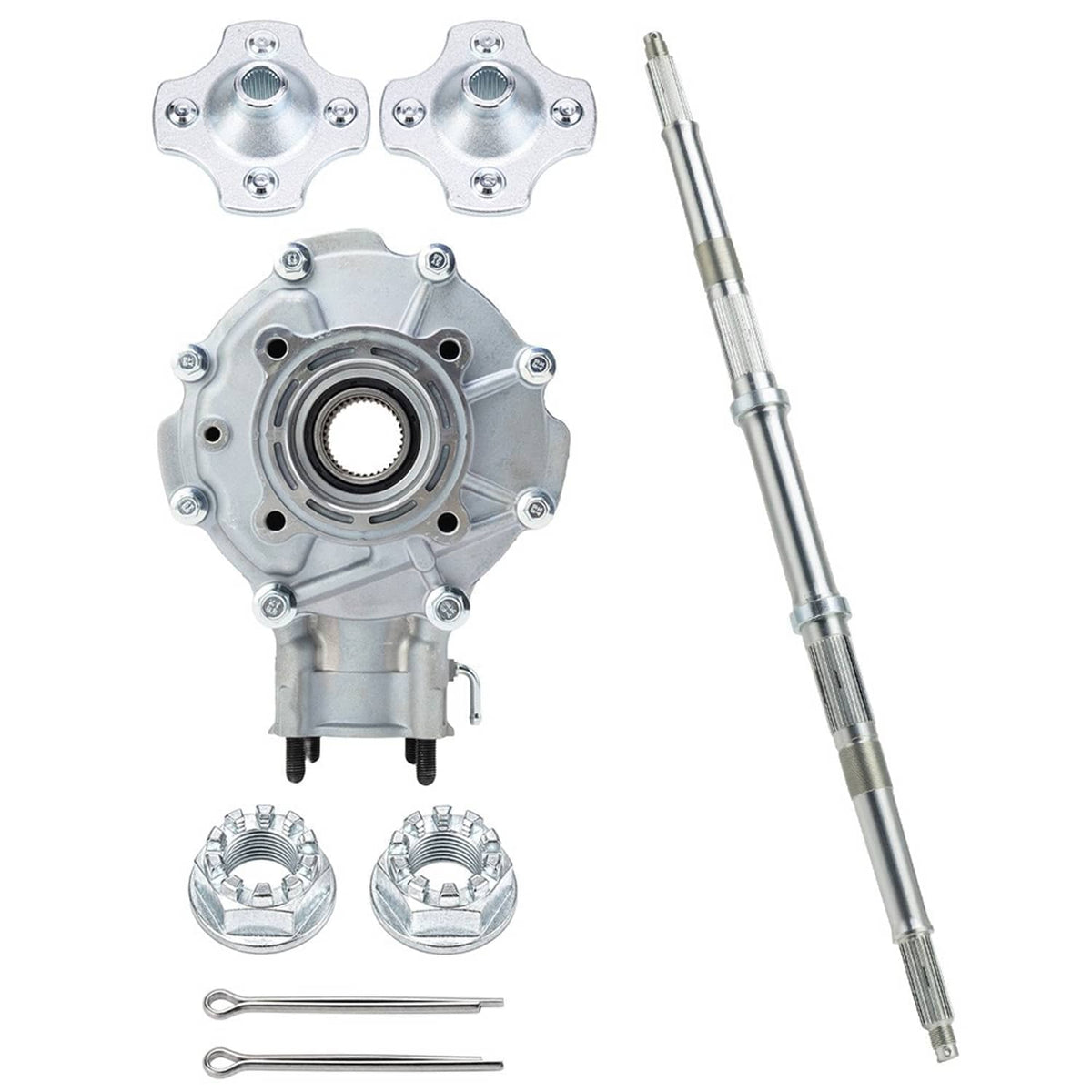 Rear differential hub housing with axle shaft and mounting hardware, silver metal parts