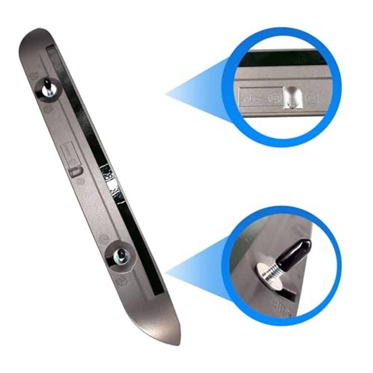 Hood handle grab close-up with gray bar, mounting holes, and screw fasteners