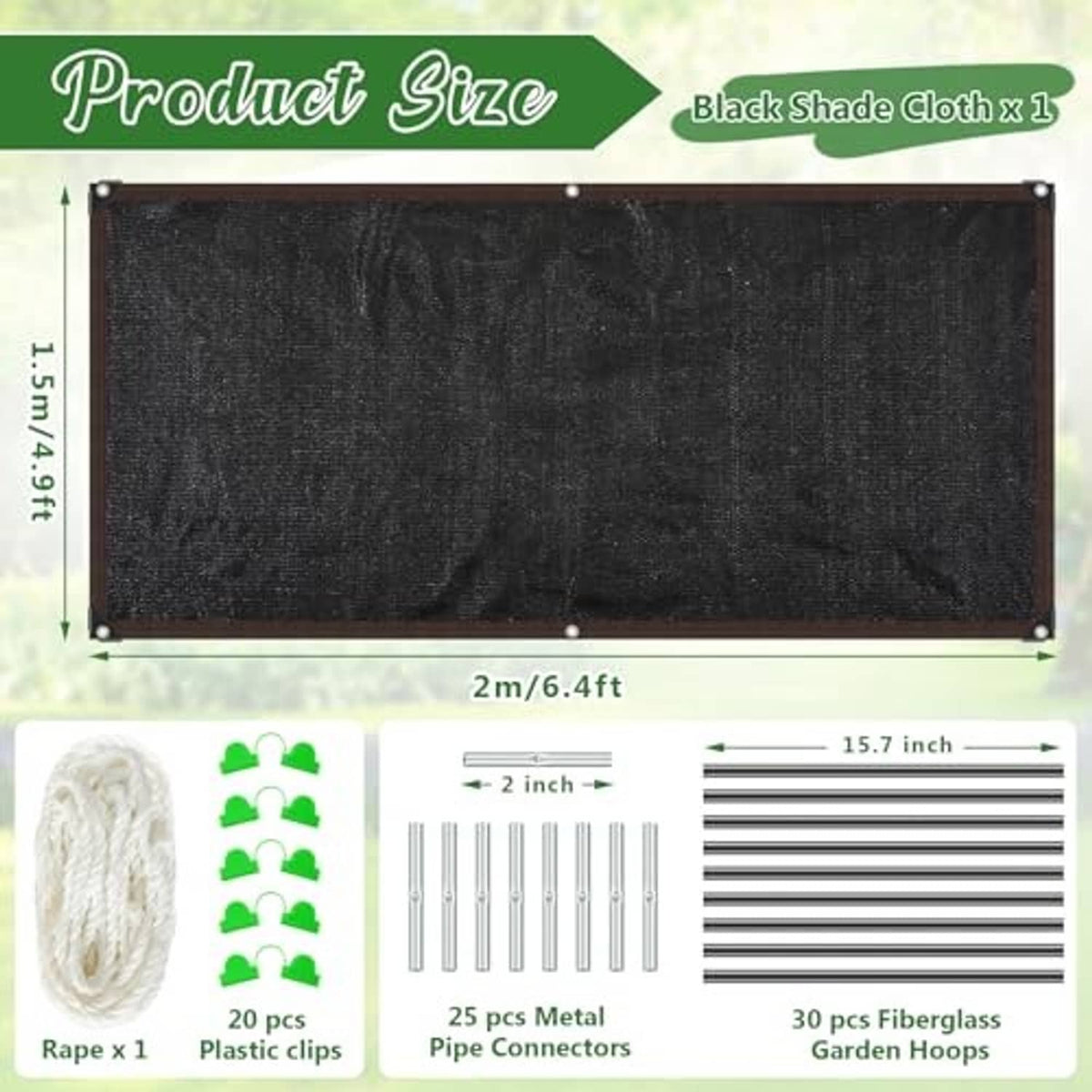 Black shade cloth panel with grommets, rope, plastic clips and metal hoop connectors