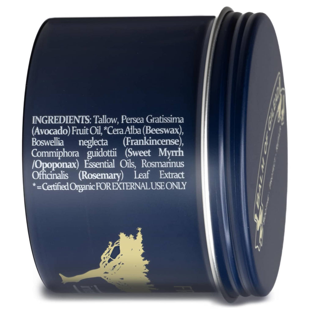 Foot healing cream jar side with ingredients list on dark blue metal tin