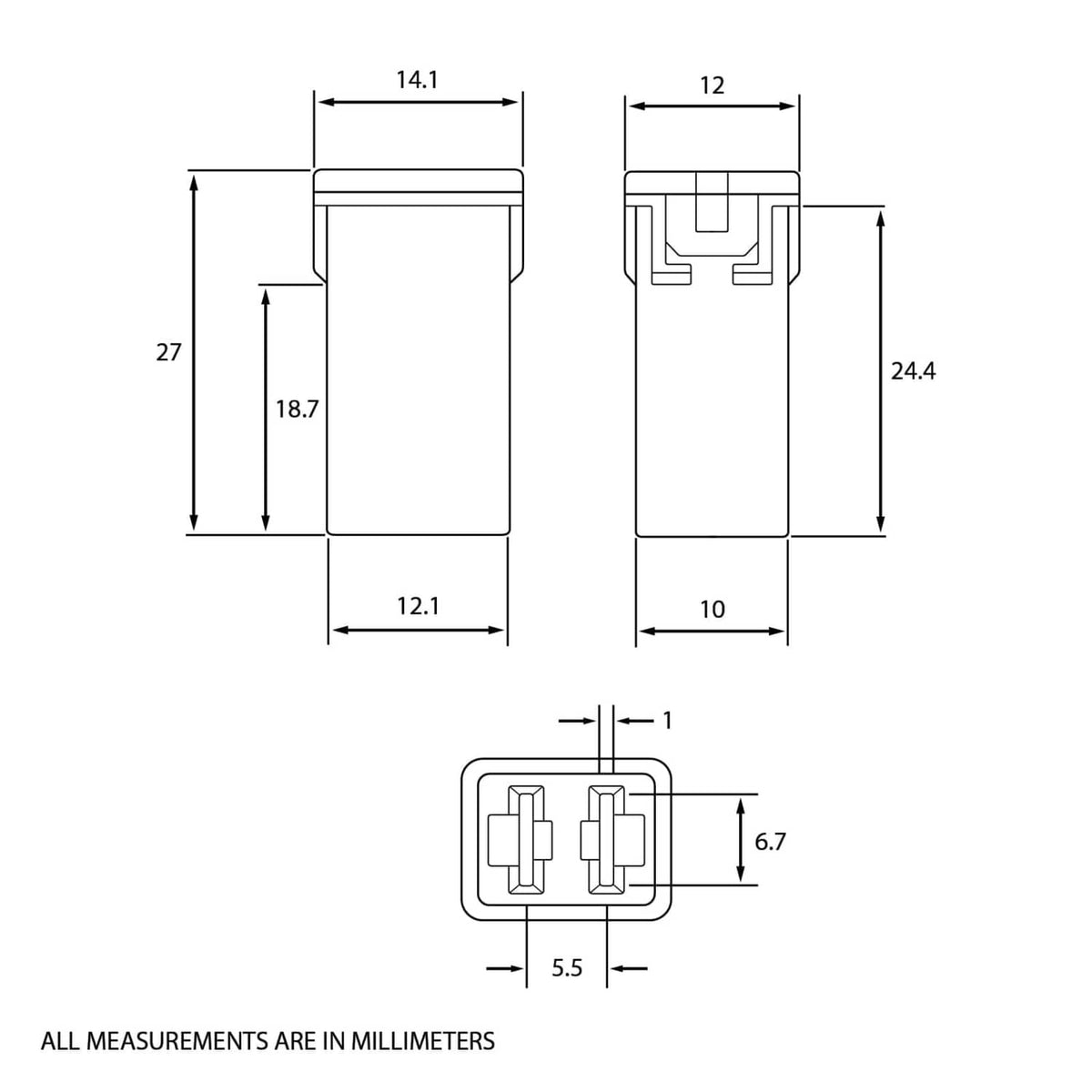 J-case automotive trailer fuse size diagram with millimeter measurements