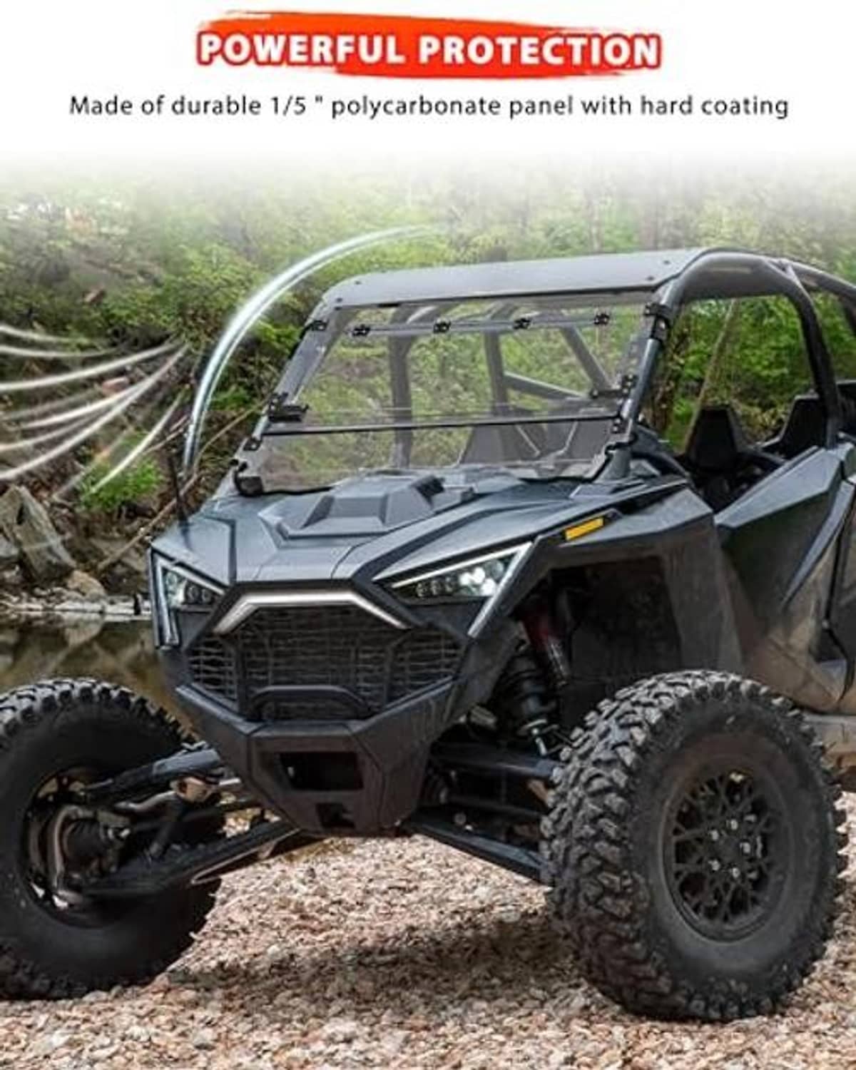 UTV windshield with clear polycarbonate panel, mounted on metal frame for weather protection