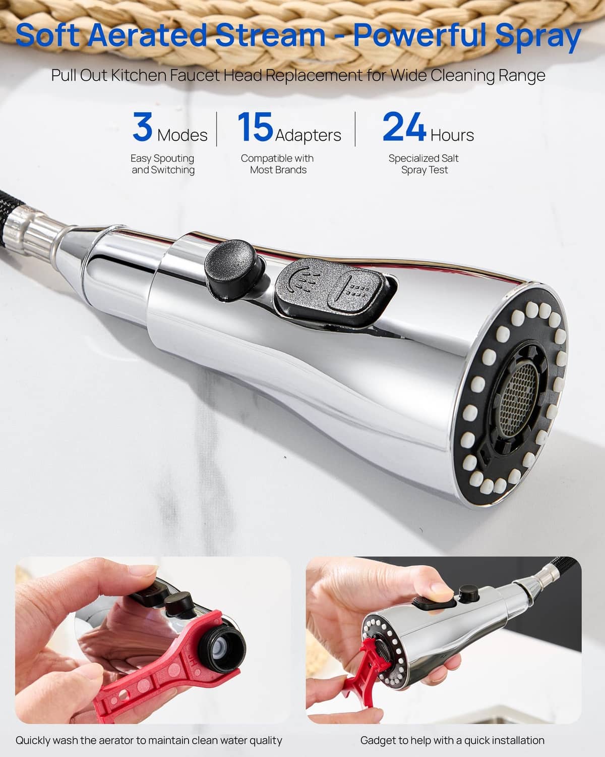 Chrome pull-down sprayer head with black nozzle and push-button switch