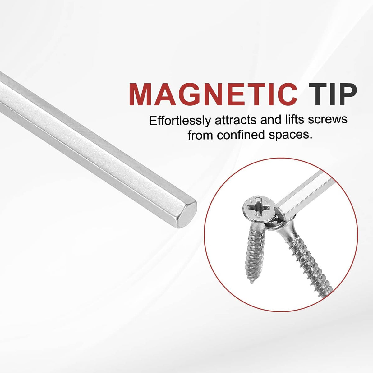 Magnetic hex screwdriver tip with silver shaft and a screw shown near the end