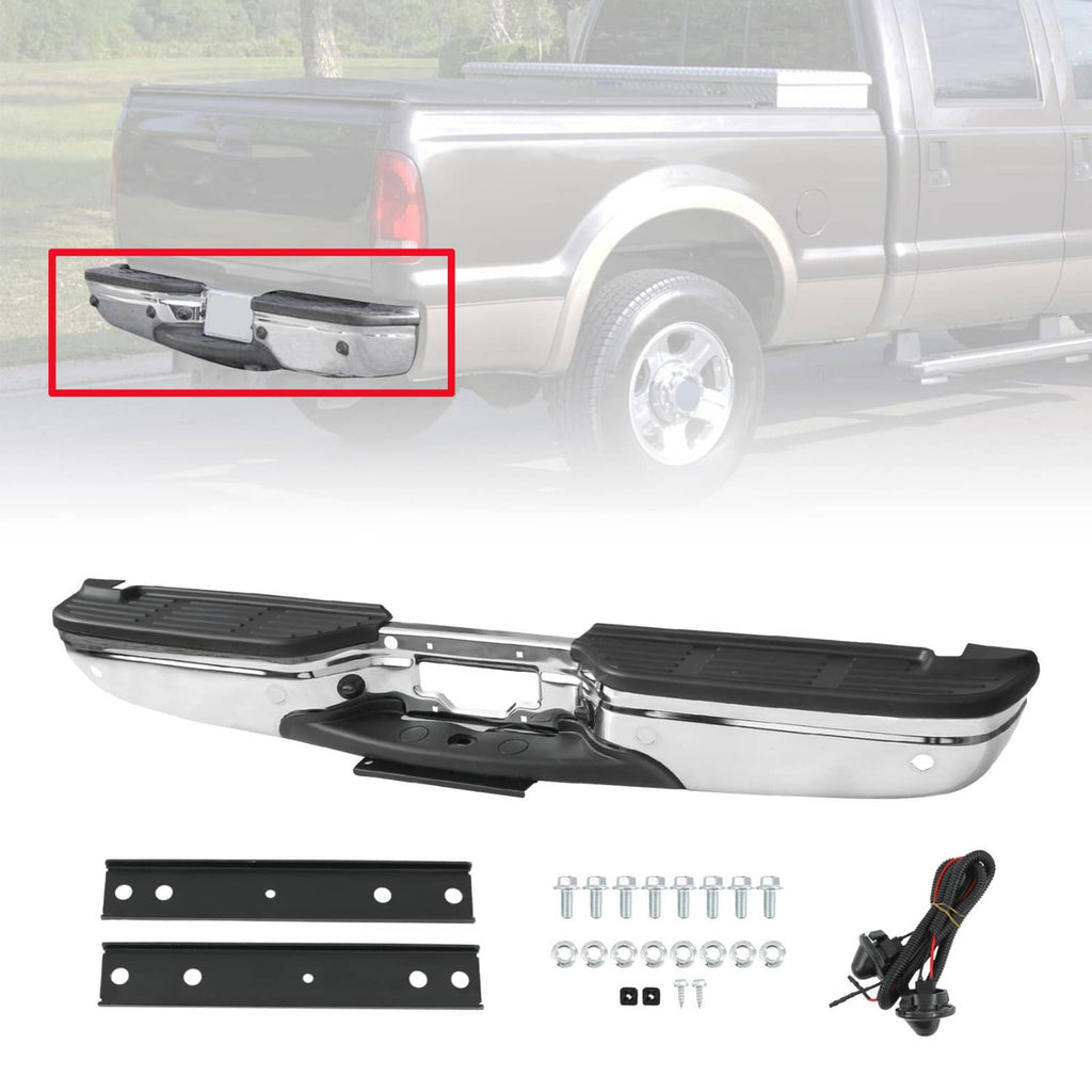 Chrome rear step bumper with black textured step cover and sensor-hole cutouts