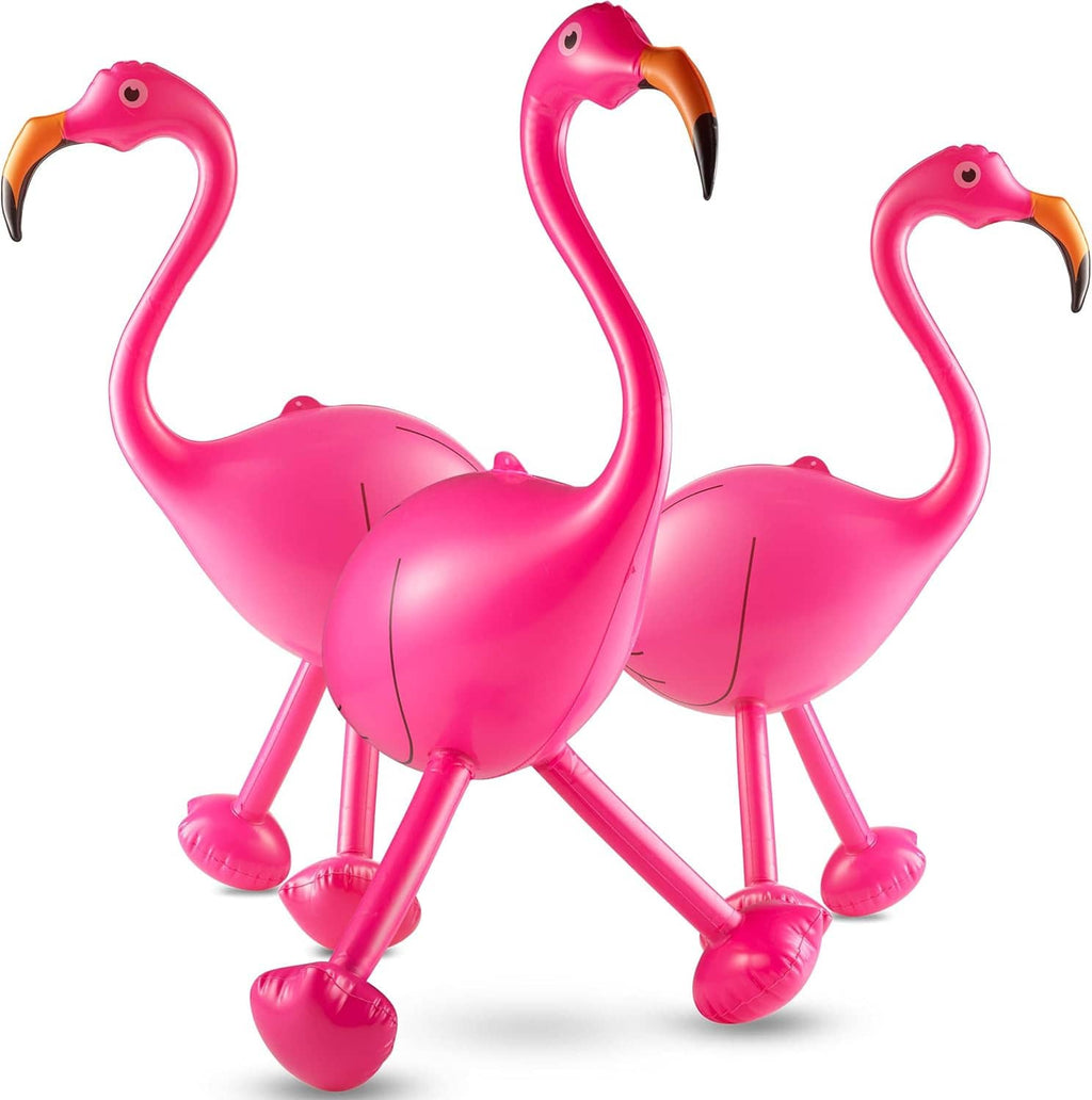 Three pink inflatable flamingo party decorations with orange beaks and wide, rounded bodies