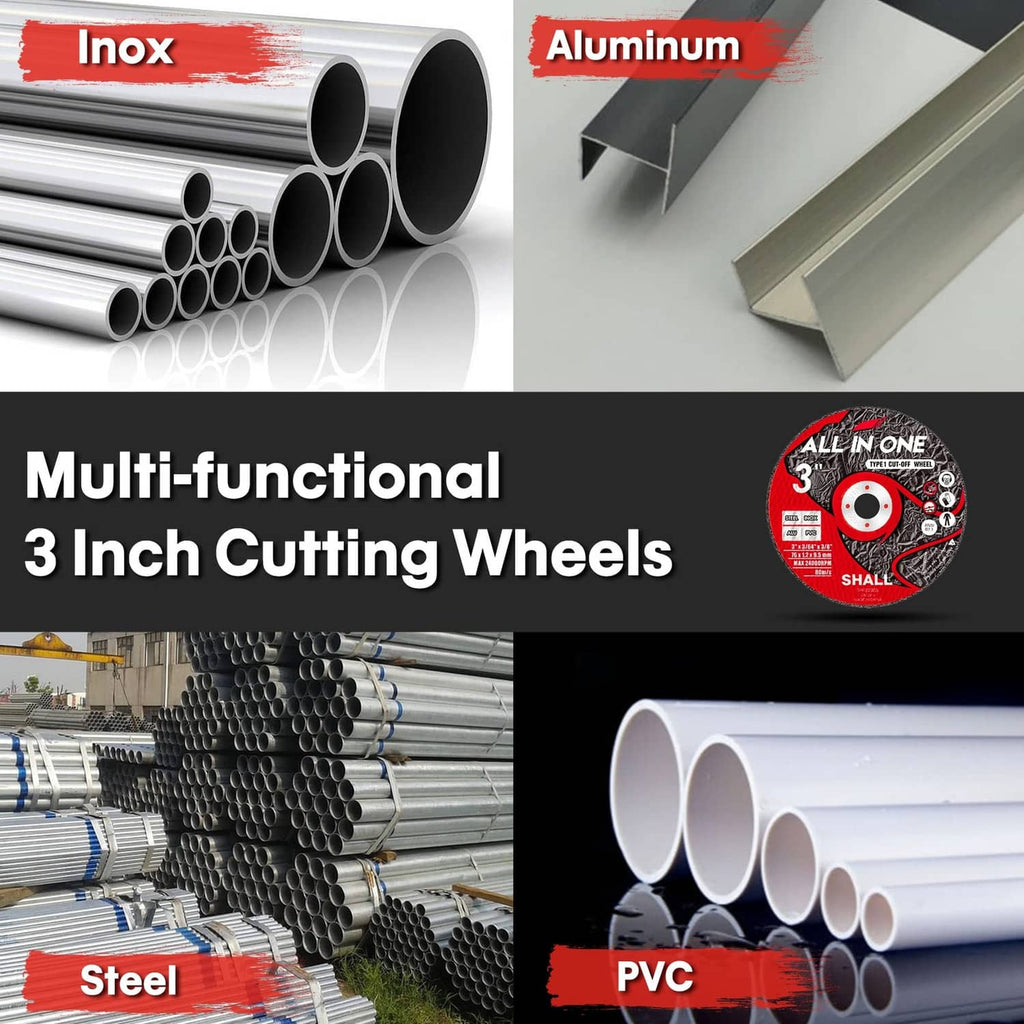3 in cutting wheel set, red-and-black labels for steel and PVC