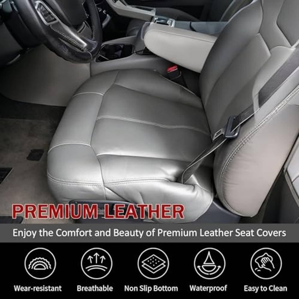 Gray leather seat cover set with stitched contours and adjustable-style shoulder area.