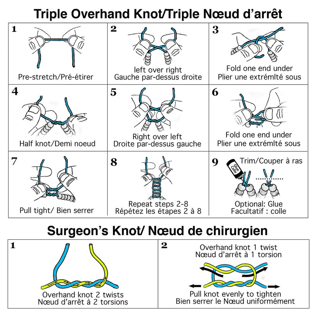 Elastic beading cord knot chart: triple overhand and surgeon's knot diagrams