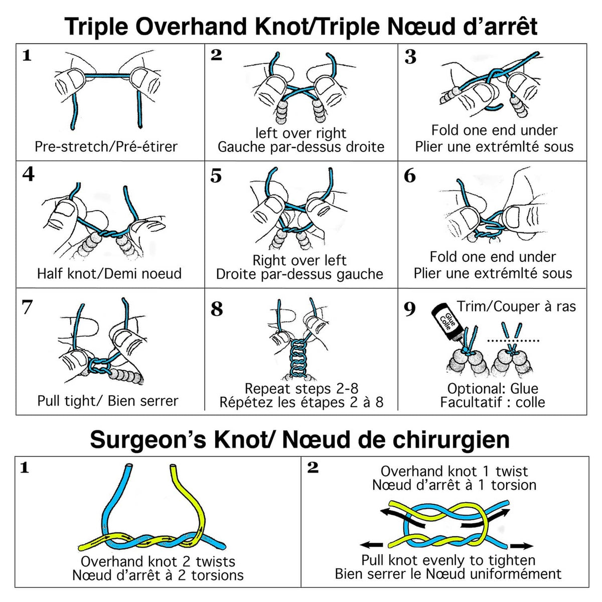 Elastic beading cord knot chart: triple overhand and surgeon's knot diagrams