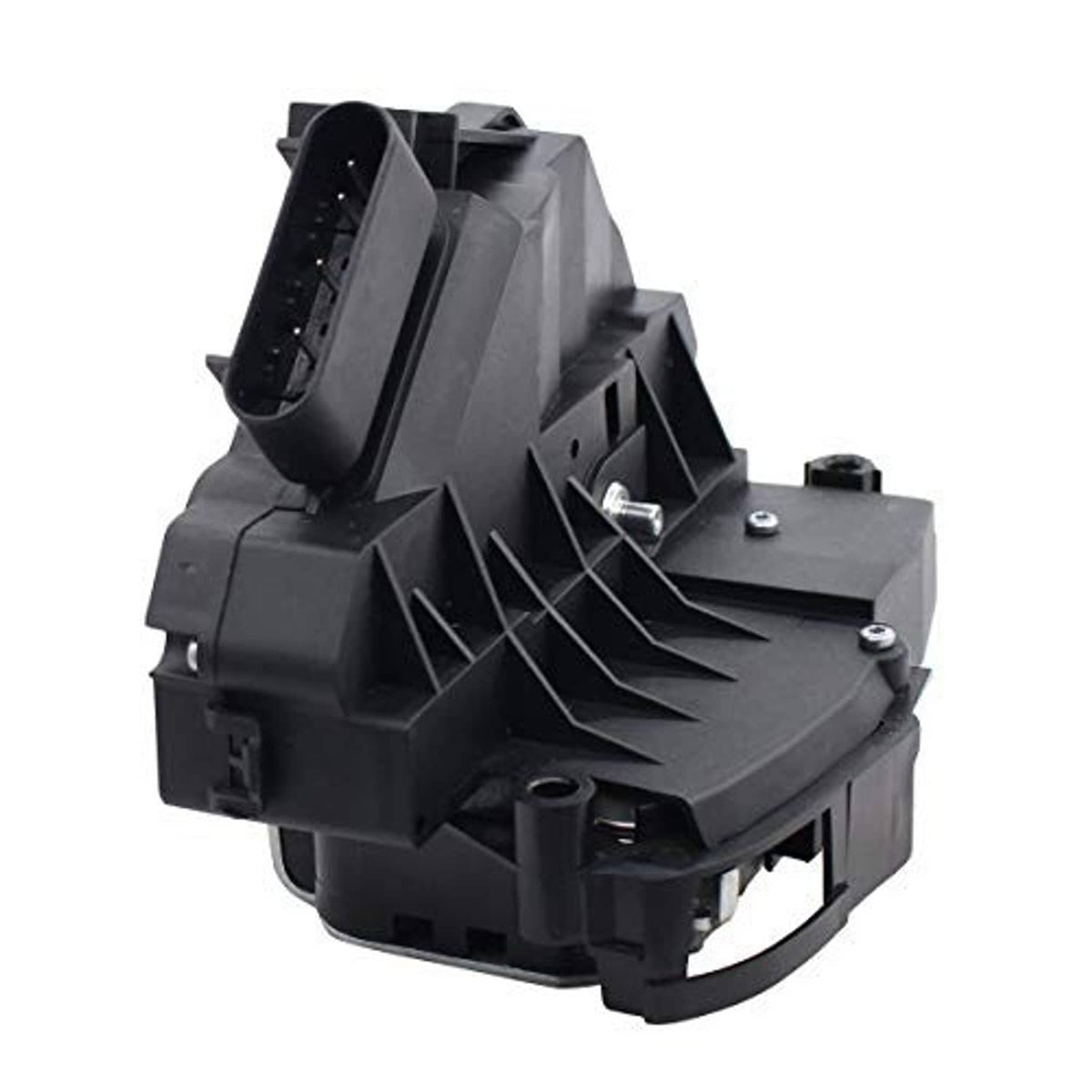 Black door lock latch actuator with wiring connector and metal mounting hardware