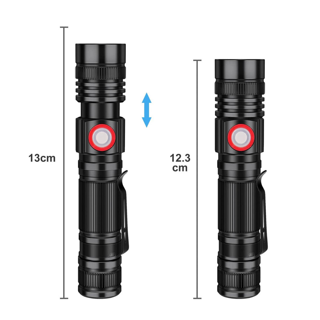 Black LED flashlight size diagram with red button and rugged ridged body